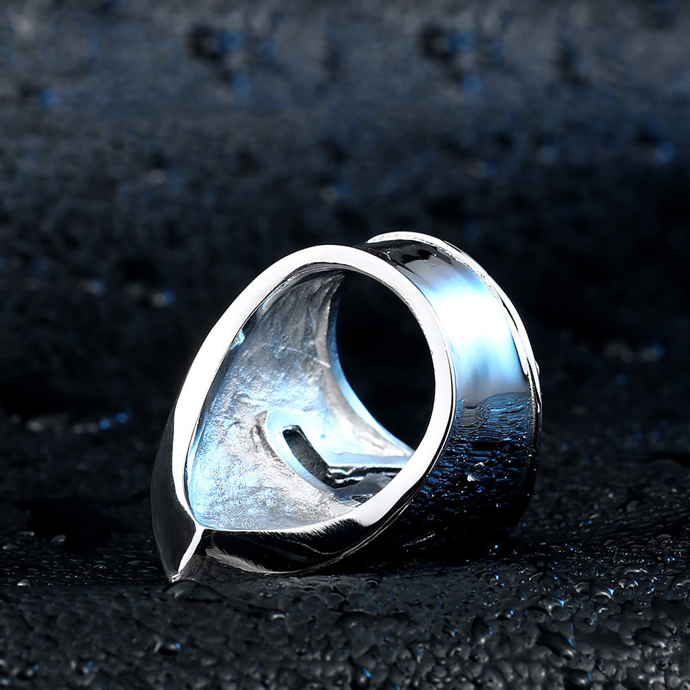 Stainless steel knight helmet ring showcasing a sleek design, perfect for cosplay or alternative fashion enthusiasts.