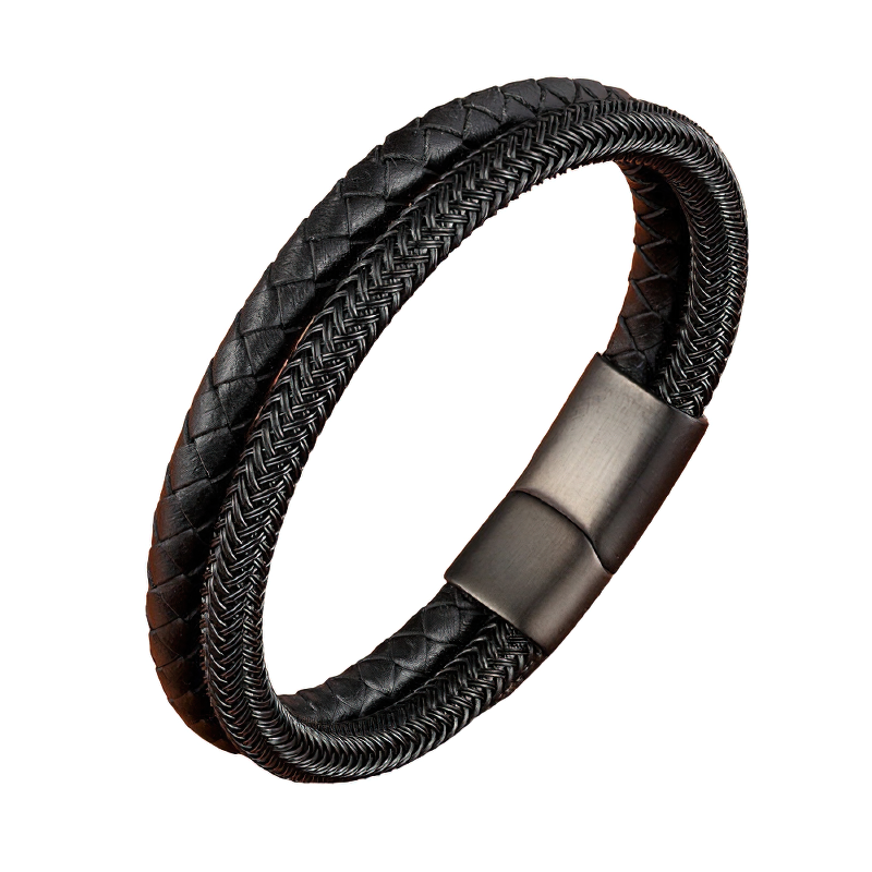 Stylish stainless steel magnetic clasp bracelet featuring cool genuine leather, perfect for concerts and everyday wear.