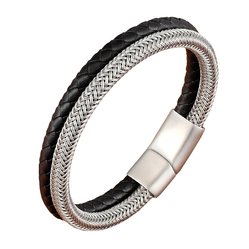 Stylish stainless steel magnetic clasp bracelet with braided genuine leather, perfect for concerts and daily wear.