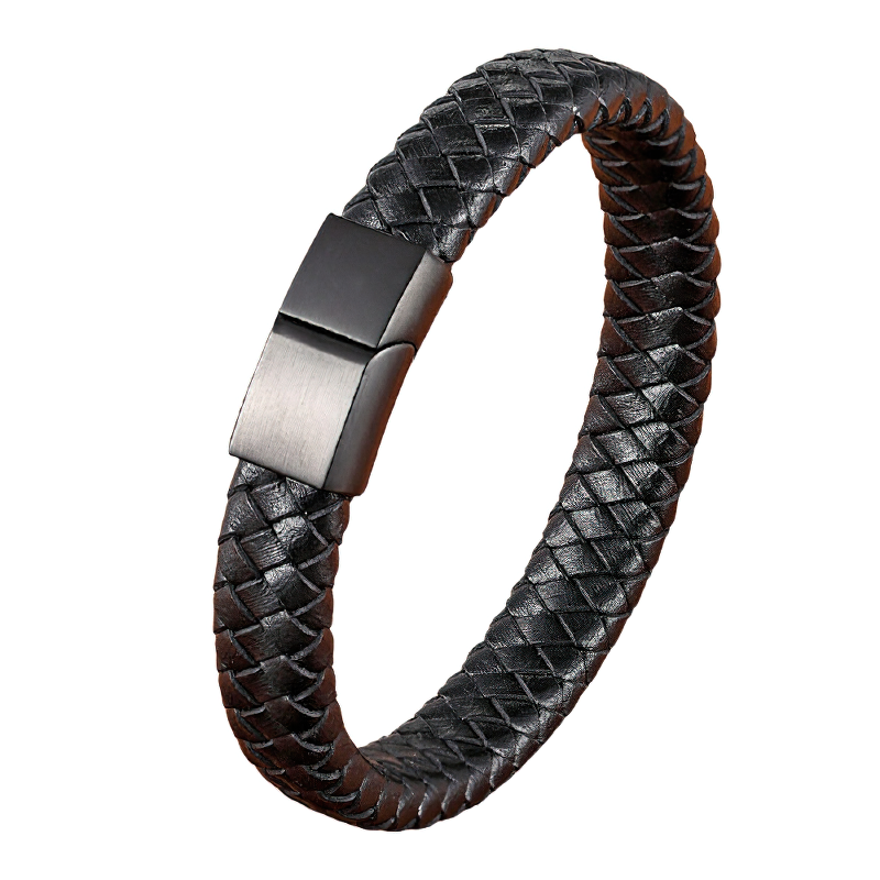 Stylish stainless steel magnetic clasp bracelet for men, featuring genuine leather with a trendy braided design.