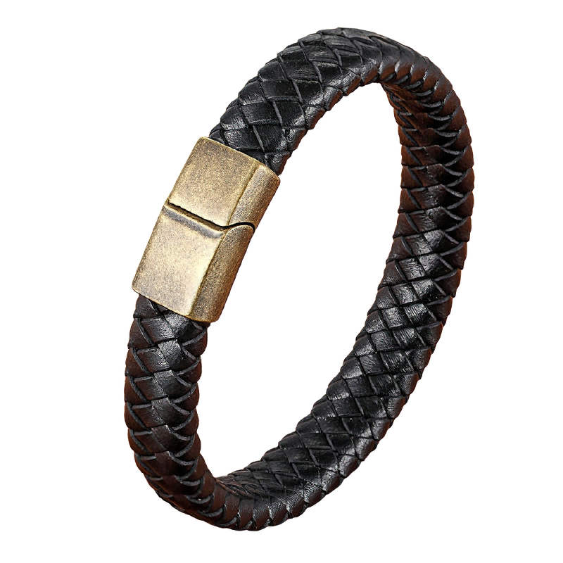 Stylish men's leather bracelet with magnetic clasp, showcasing a braided design and stainless steel accent.