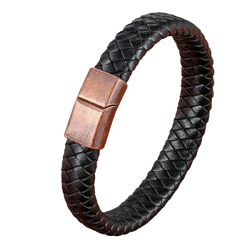 Classic braided genuine leather bracelet for men with sturdy stainless steel magnetic clasp.