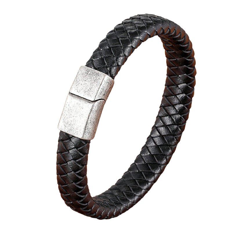 Stainless Steel Magnetic Clasp Bracelet for Men / Classic Genuine Leather Bracelet - HARD'N'HEAVY