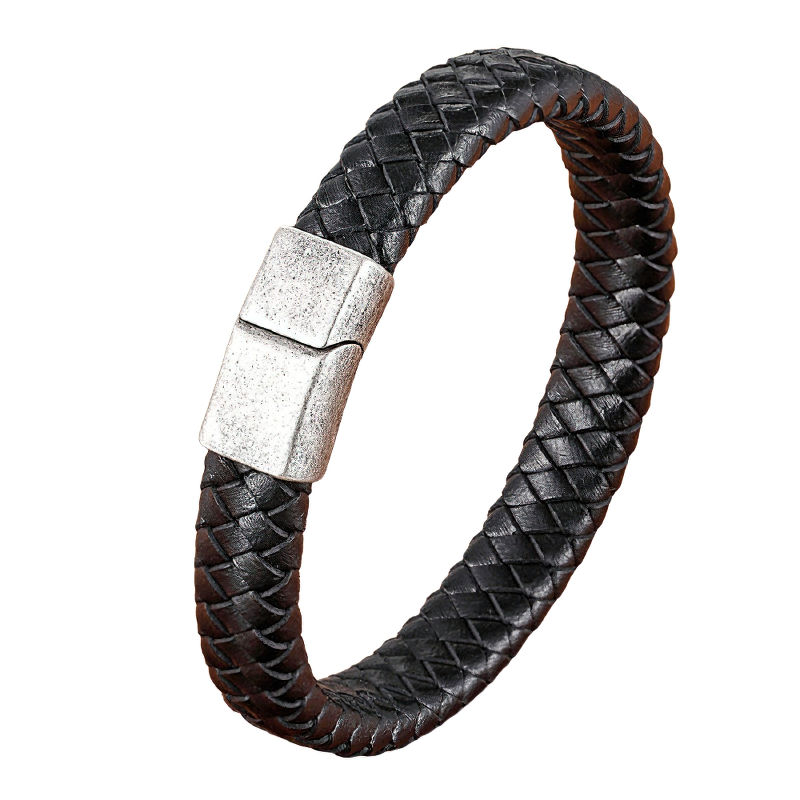 Stainless steel magnetic clasp bracelet for men, made with genuine leather, stylish and durable for trendy fashion.