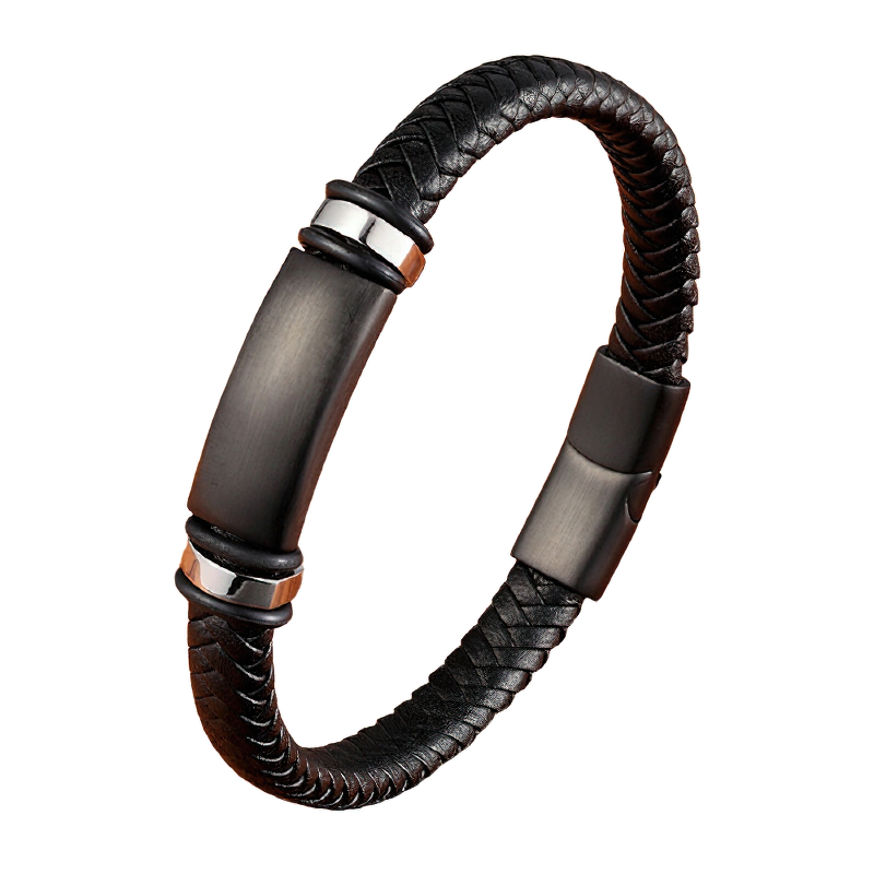 Stylish stainless steel magnetic clasp bracelet for men with genuine leather band, perfect for rock-inspired outfits.