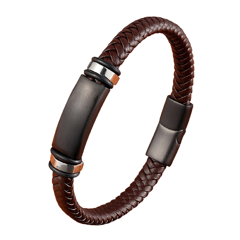 Stainless steel magnetic clasp bracelet for men with braided genuine leather in rich brown color.