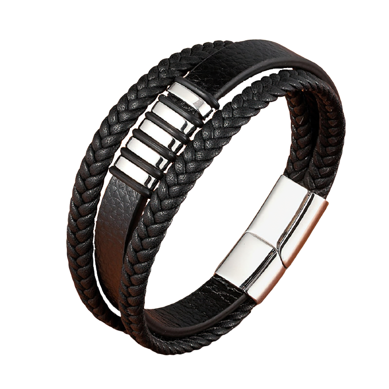 Stylish stainless steel magnetic clasp bracelet for men, featuring a rock-style genuine leather design.