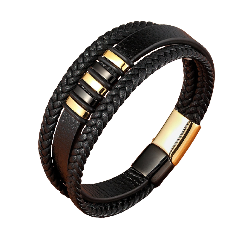 Stylish stainless steel magnetic clasp bracelet for men, featuring a rock style design with woven genuine leather accents.