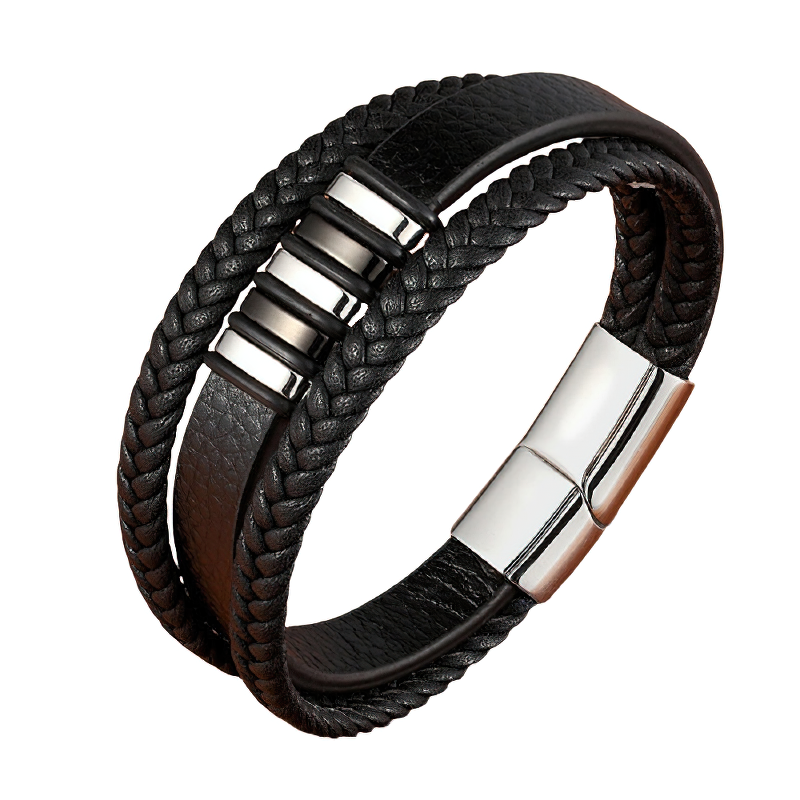 Stainless steel magnetic clasp bracelet for men with rock style, featuring genuine leather and geometric charm.