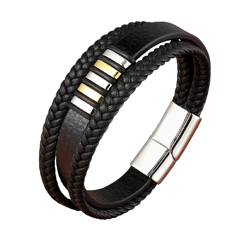 Stylish stainless steel magnetic clasp bracelet for men with braided genuine leather and geometric charm.