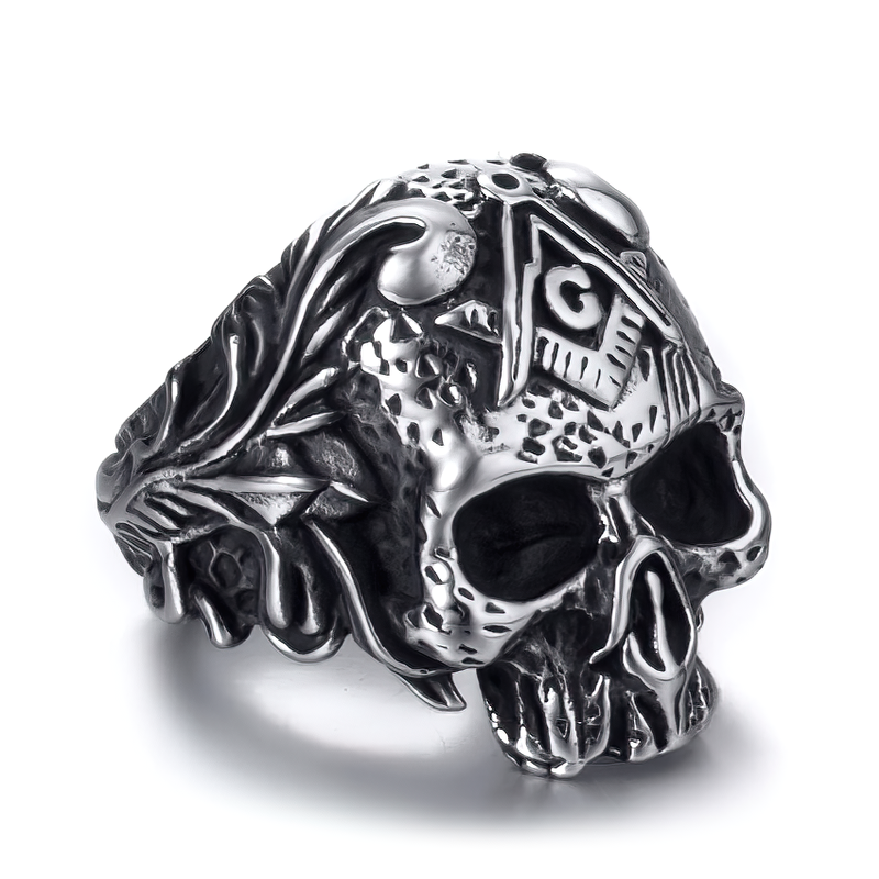 Gothic stainless steel skull ring with Masonic symbol, suitable for men and women biker jewelry.