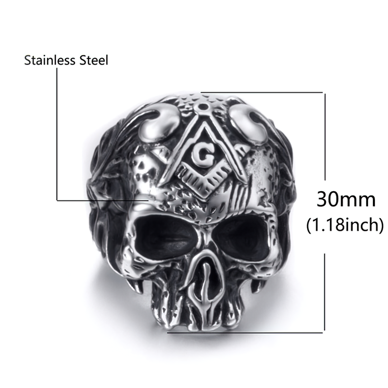 Gothic stainless steel skull ring with Masonic symbol, 30mm, suitable for men and women biker jewelry.