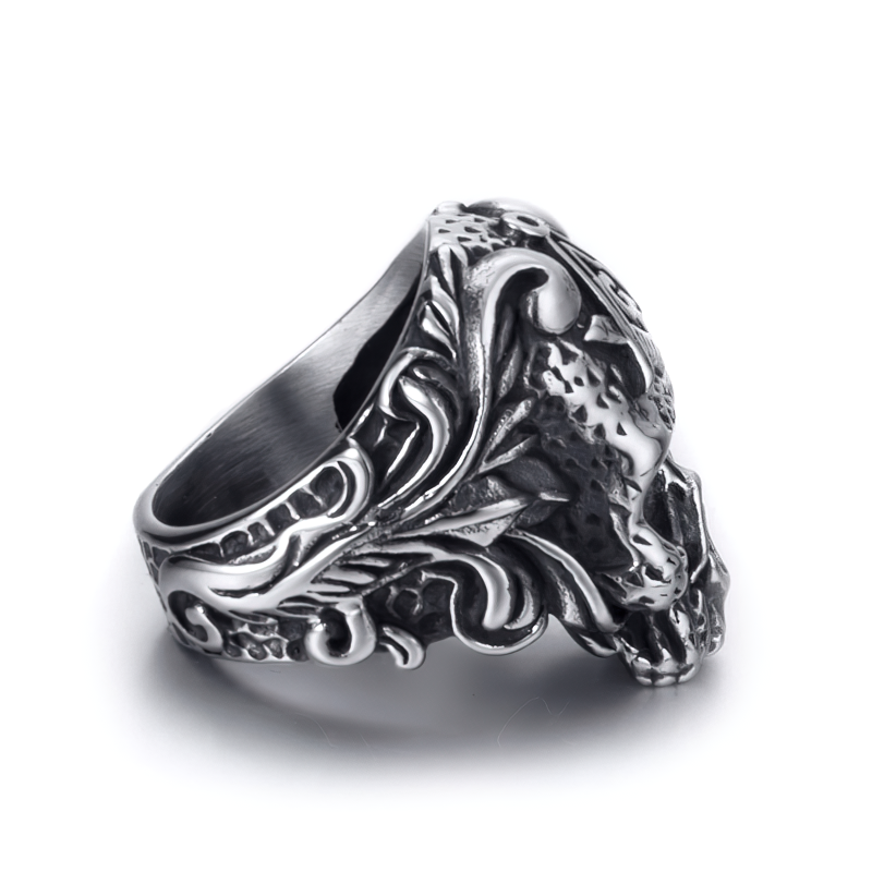 Stainless steel skull ring with intricate design, perfect gothic biker jewelry for men and women.