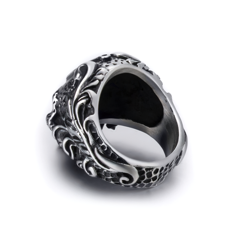 Stainless steel skull ring with intricate design, ideal for gothic biker jewelry for men and women.