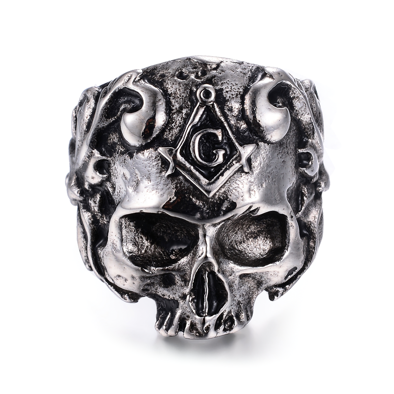 Gothic stainless steel skull ring with Masonic symbol, perfect biker jewelry for men and women.