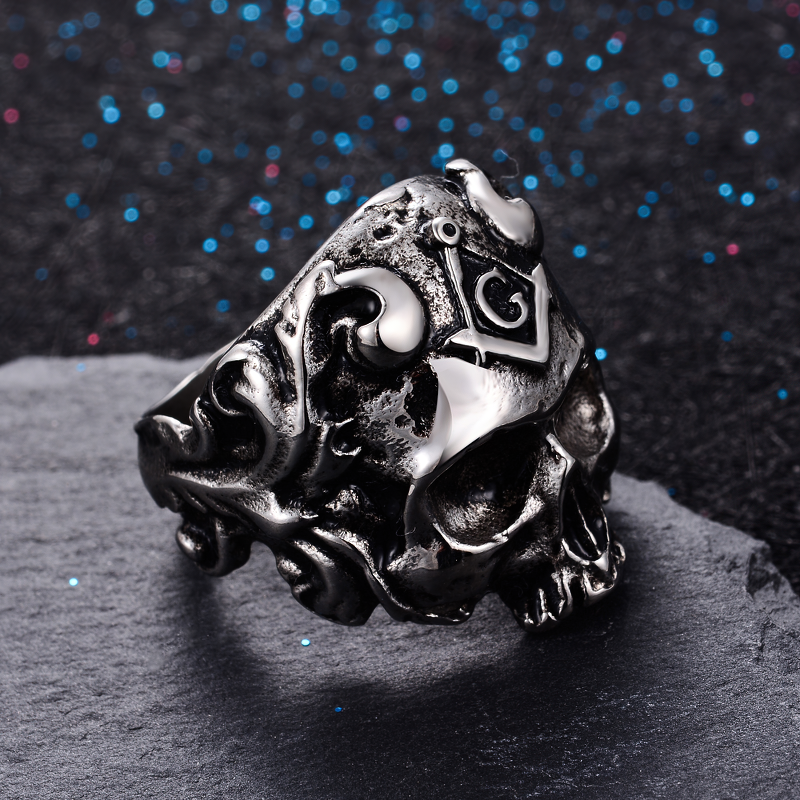Stainless steel skull ring with Masonic symbol, perfect for gothic biker jewelry for men and women.