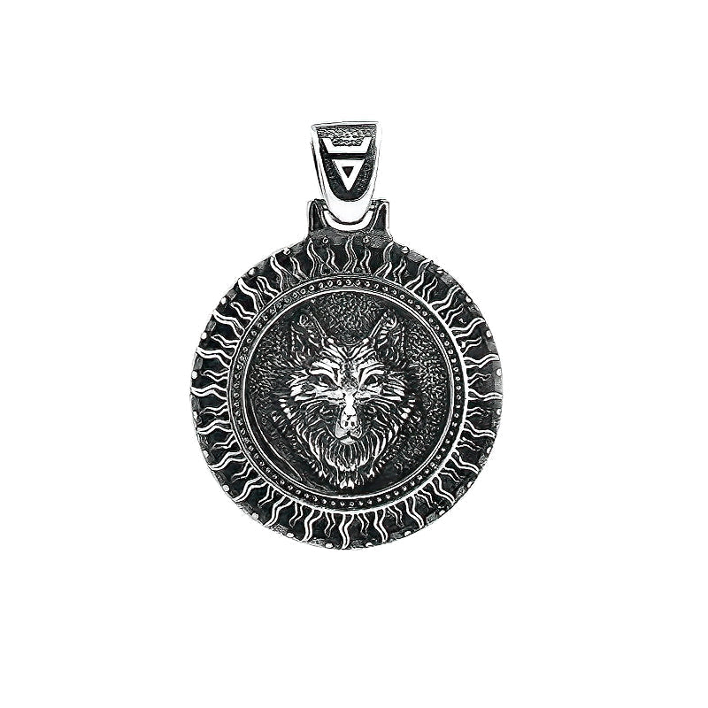 Stylish stainless steel necklace pendant featuring a wolf head surrounded by sun patterns, perfect for goth enthusiasts.