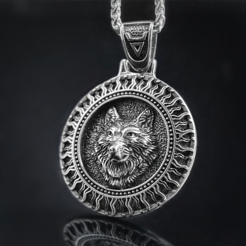 Stainless steel necklace pendant featuring a wolf head surrounded by intricate patterns, perfect for gothic style enthusiasts.