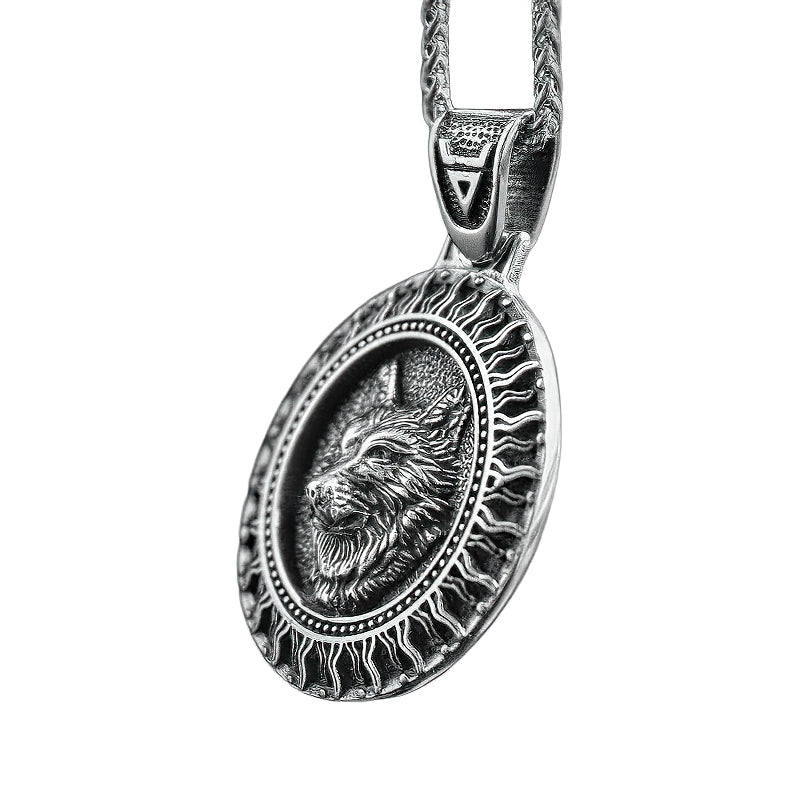 Stainless steel necklace pendant featuring a wolf head design with intricate patterns in a gothic style, perfect for cosplay.