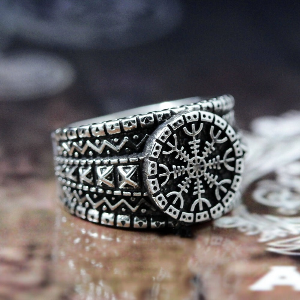 Intricate stainless steel Viking style ring featuring the Aegishjalmur protection symbol, perfect for gothic jewelry lovers.