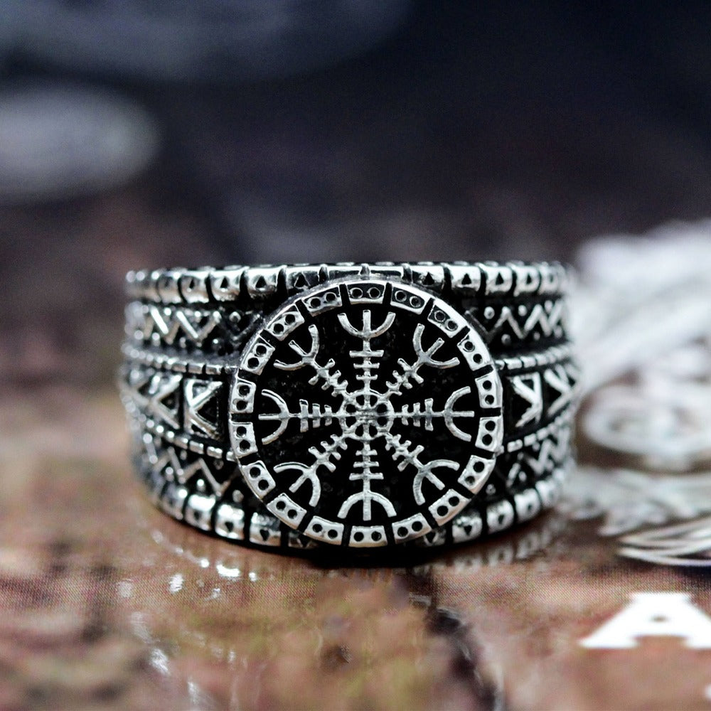 Stainless steel men's and women's ring featuring Aegishjalmur protection symbol, perfect for gothic and Viking style enthusiasts.