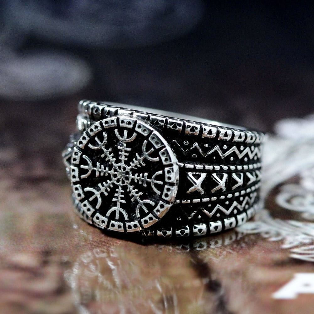 Stainless steel Viking ring featuring Aegishjalmur protection symbol in Gothic design, perfect for jewelry enthusiasts.