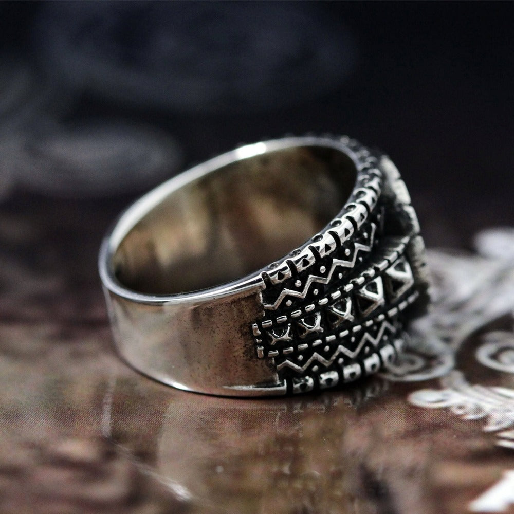 Stainless steel Gothic style ring featuring intricate Aegishjalmur protection symbol design, perfect for Viking jewelry fans.