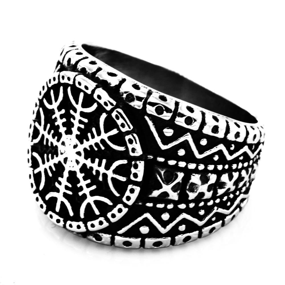 Stainless steel gothic-style ring featuring Aegishjalmur protection symbol and intricate Viking designs.