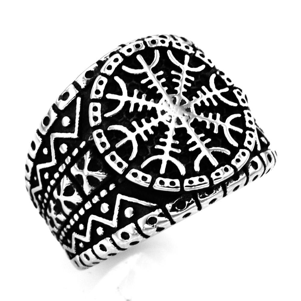 Stainless steel ring with Aegishjalmur protection symbol, featuring intricate Gothic and Viking-style details.