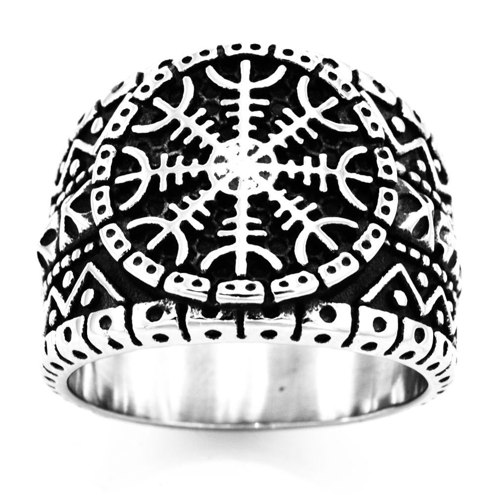 Stainless steel Viking ring featuring Aegishjalmur protection symbol, Gothic style design. Perfect for jewelry collectors!