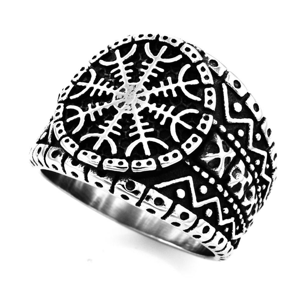 Stainless steel men's and women's ring featuring the Aegishjalmur protection symbol in a gothic Viking design.