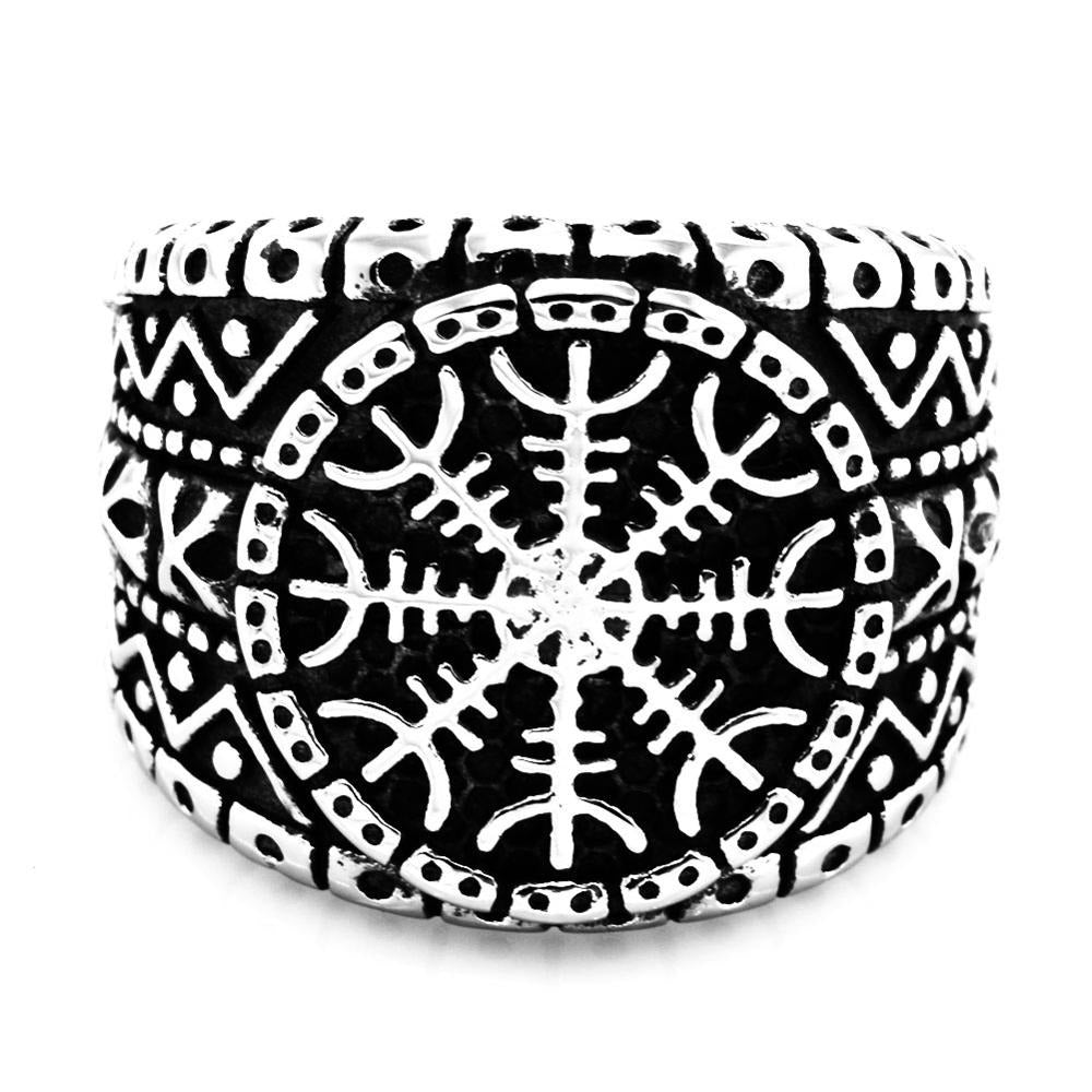 Stainless steel men's and women's gothic Norse ring featuring Aegishjalmur protection symbol and intricate patterns.