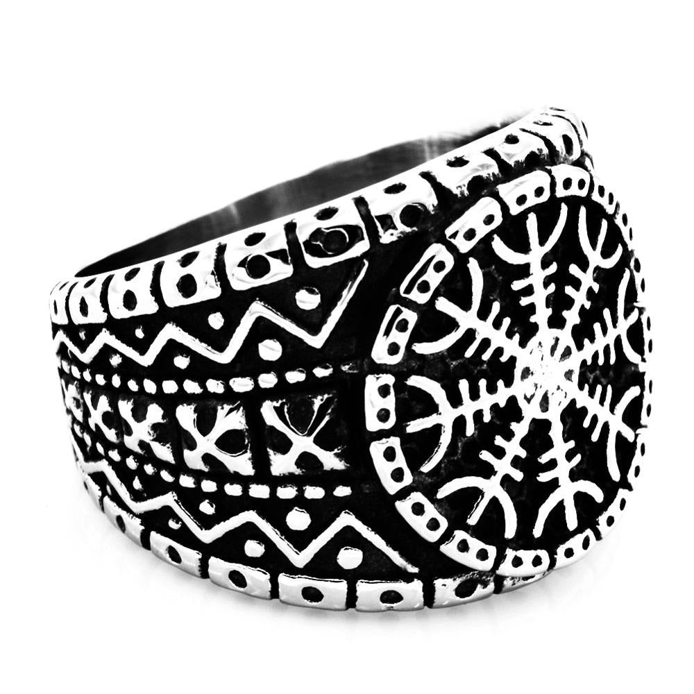 Stainless steel men's and women's ring featuring Aegishjalmur protection symbol in a gothic Viking style.