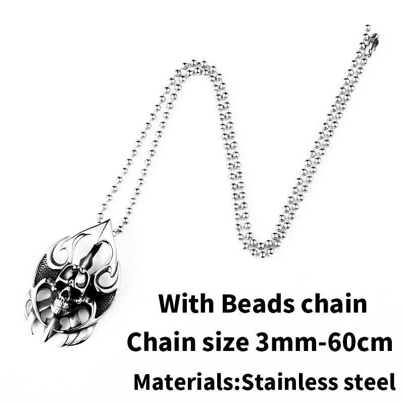 Stainless steel skull pendant with beads chain, unisex gothic style necklace, perfect for edgy fashion.