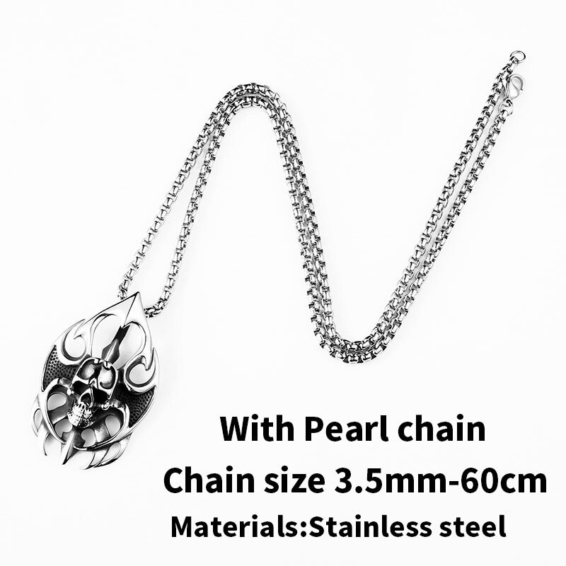 Gothic stainless steel skull pendant necklace with pearl chain, stylish unisex accessory for rock lovers.