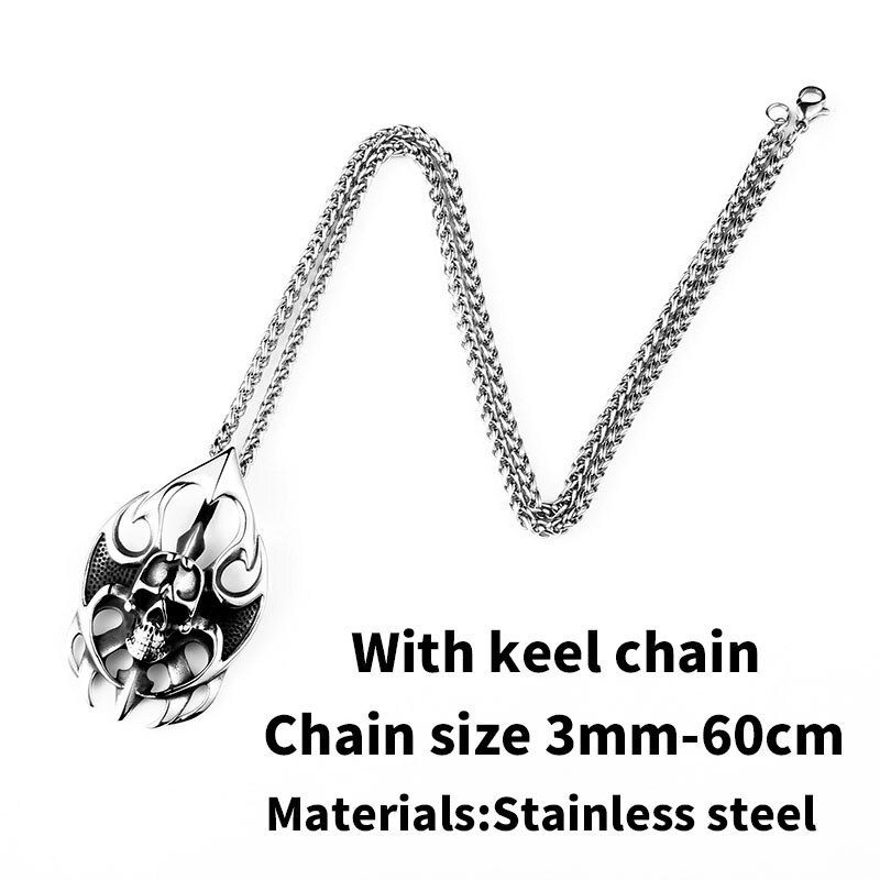 Gothic stainless steel skull pendant necklace with chain, ideal for unisex rock style fashion.