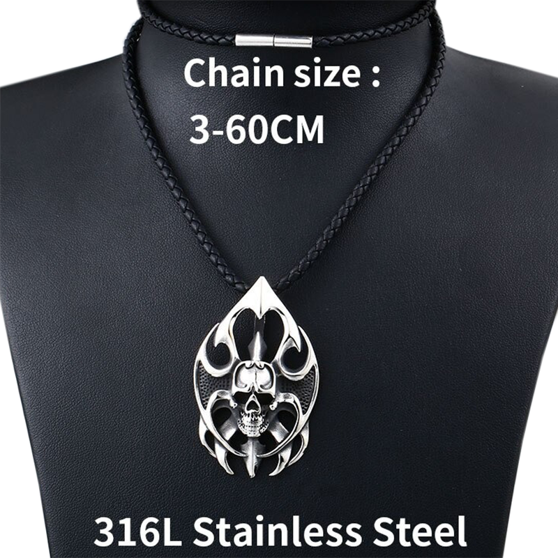 Stainless steel skull pendant necklace with flame design, adjustable chain size 3-60CM, gothic unisex fashion jewelry.