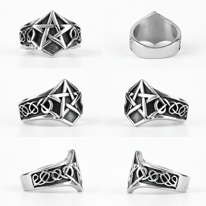 Stainless steel pentagram unisex ring showcasing intricate gothic design, perfect for men and women in rock or punk styles.