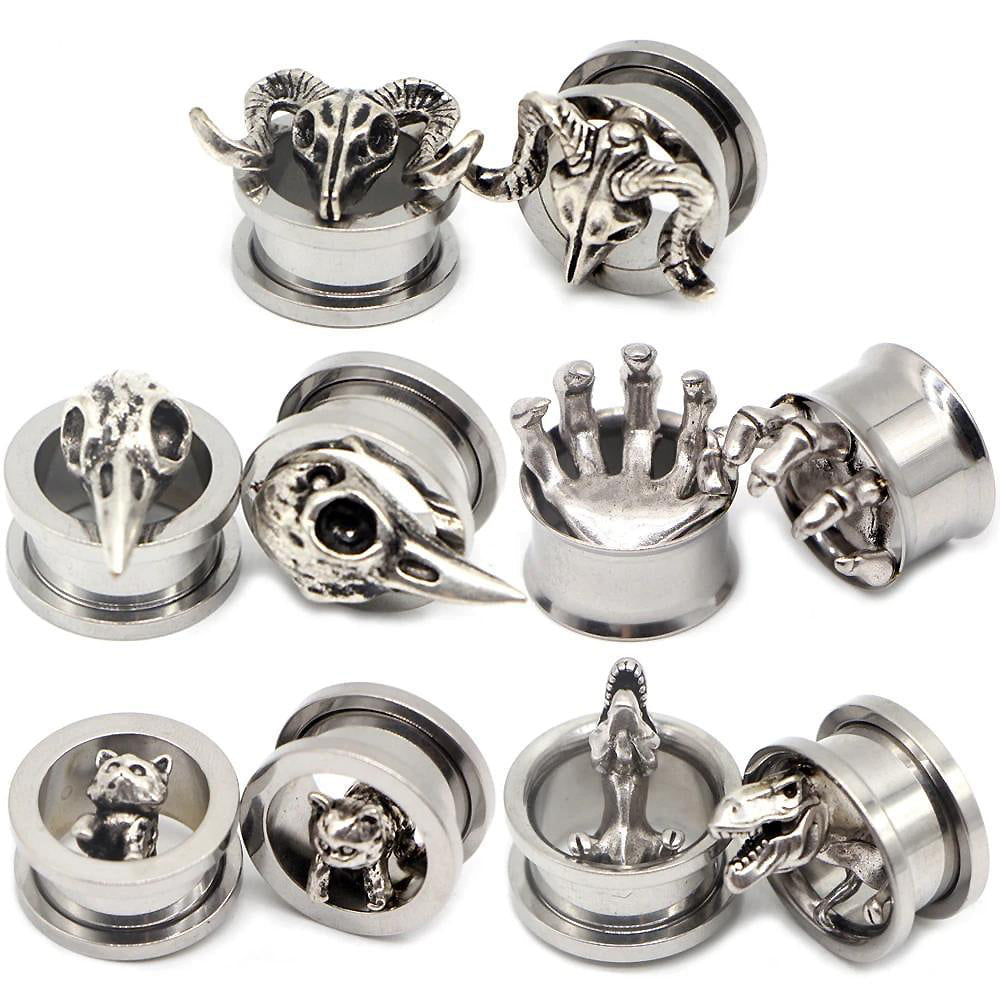 Unique stainless steel ear gauges featuring animal head designs for a stylish and edgy look.