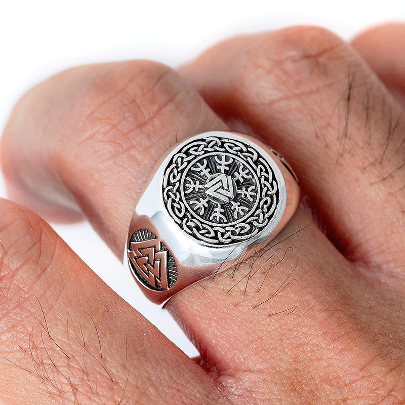 Stainless steel Viking symbol ring for men showcasing intricate designs, perfect for cosplay or as a unique jewelry gift.
