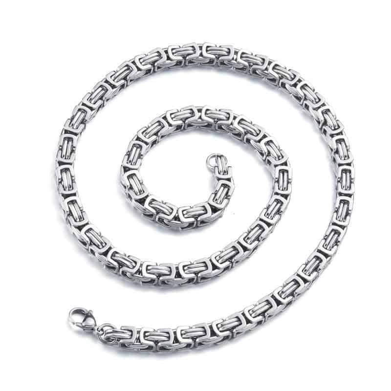 Stylish stainless steel biker charm necklace with a unique geometric twisted Singapore chain design.