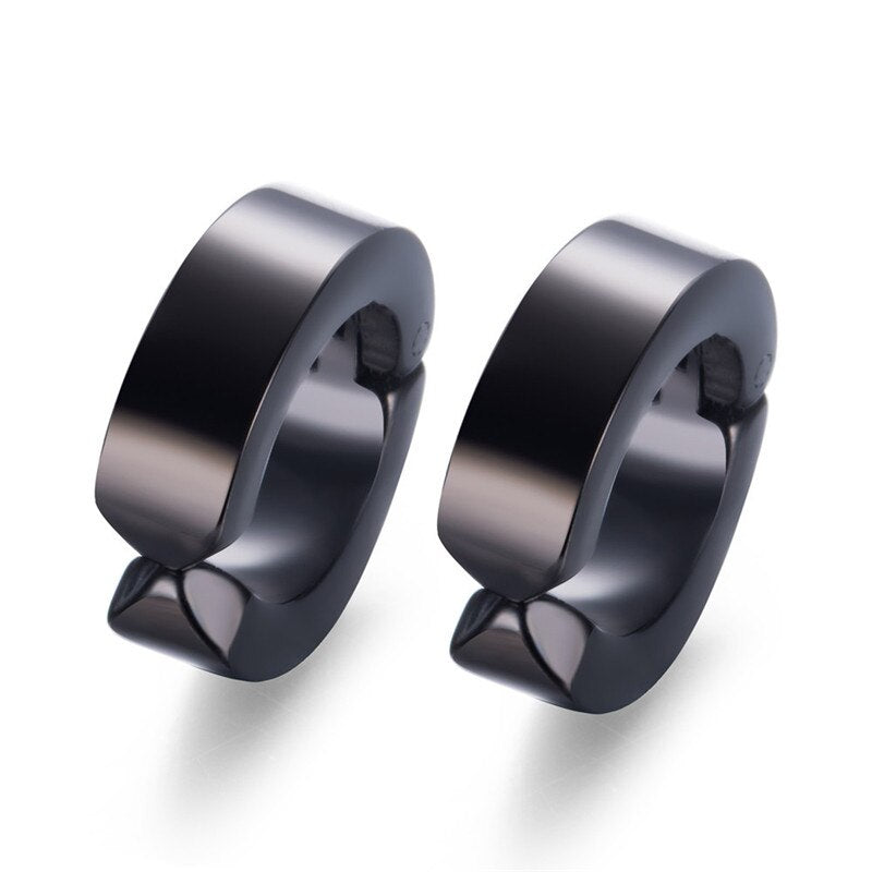 Sleek black stainless steel stud earrings, perfect unisex accessory for rock star fashion enthusiasts.