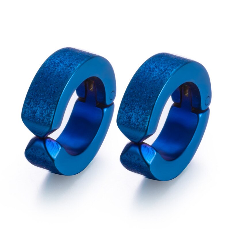Blue stainless steel hoop earrings, stylish unisex accessory for rock-inspired fashion and alternative jewelry lovers.
