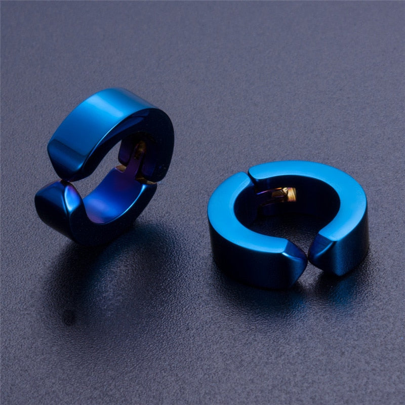 Blue stainless steel hoop earrings, unisex rock style jewelry, trendy accessories for all fashion lovers.