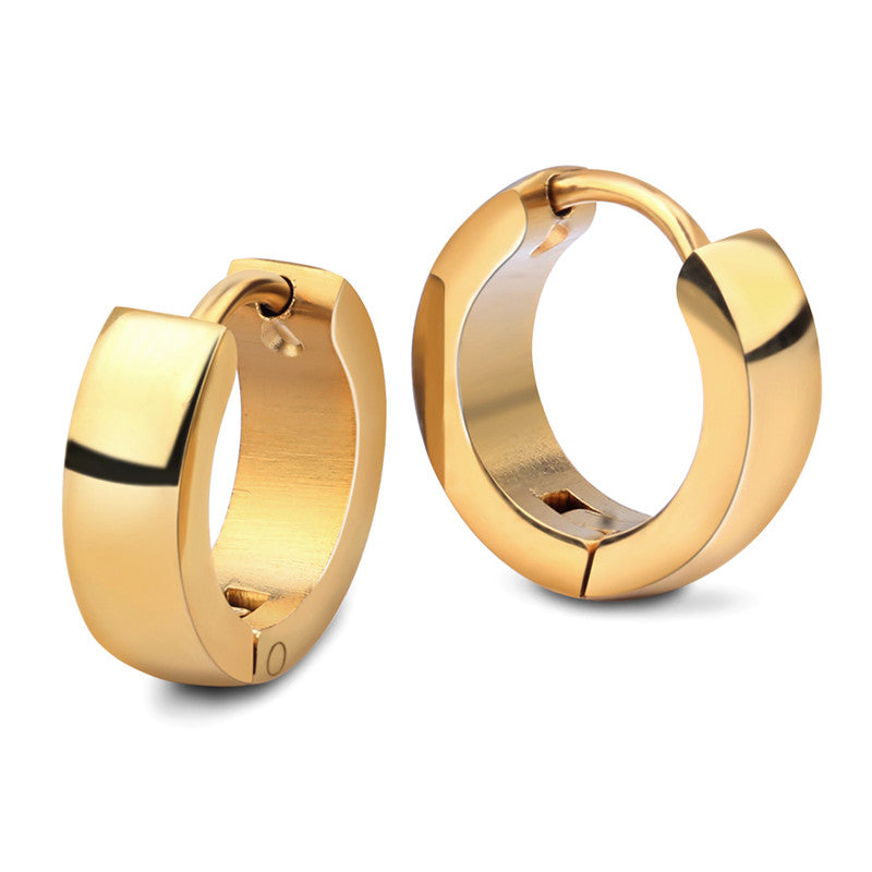 Gold stainless steel hoop earrings, stylish and unisex, perfect for adding a chic touch to any outfit.