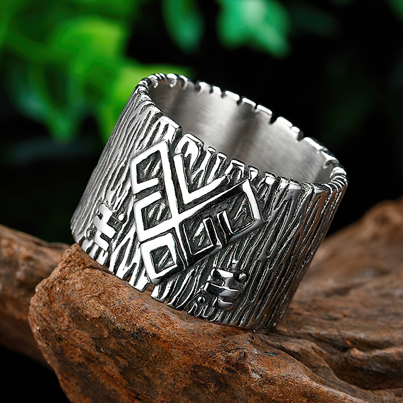 Stainless steel talisman ring featuring ancient rune designs, perfect unique jewelry for men and women.