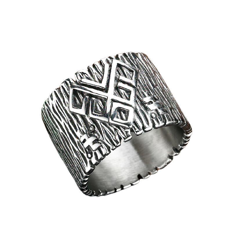 Stainless steel talisman ring featuring ancient runes, perfect unique jewelry for men and women.