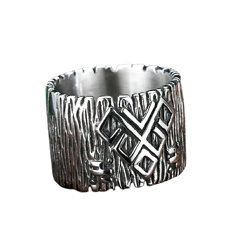 Stainless steel talisman ring featuring ancient rune designs, perfect unique jewelry for men and women.