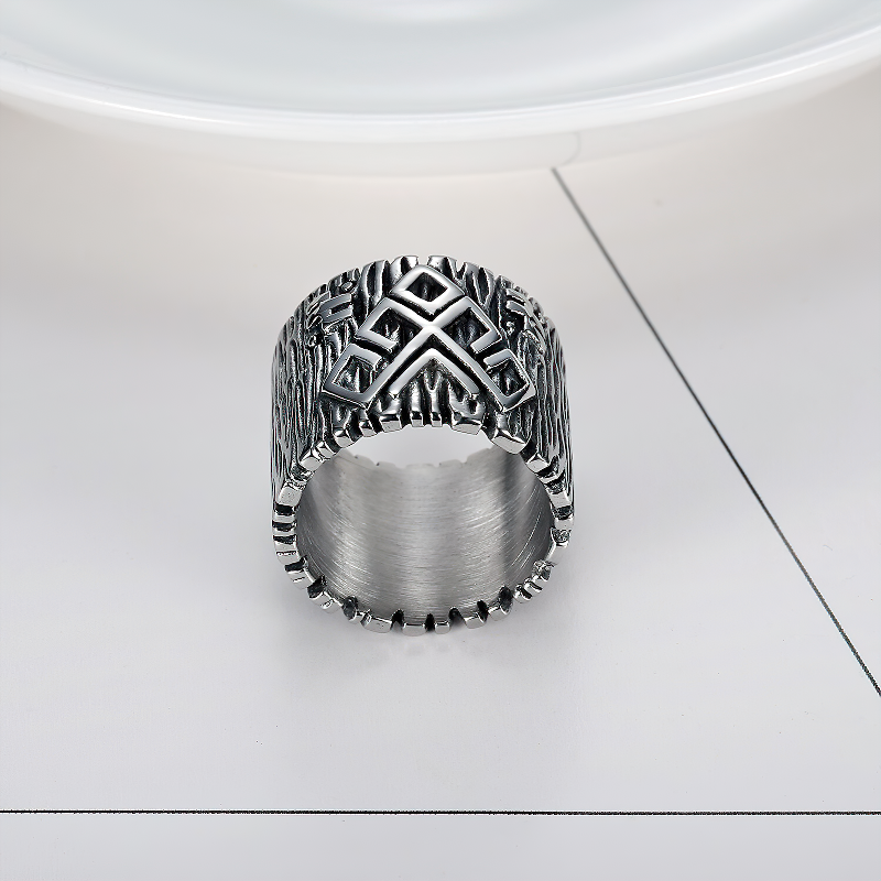 Stylish stainless steel talisman ring with intricate rune designs, perfect for men and women.