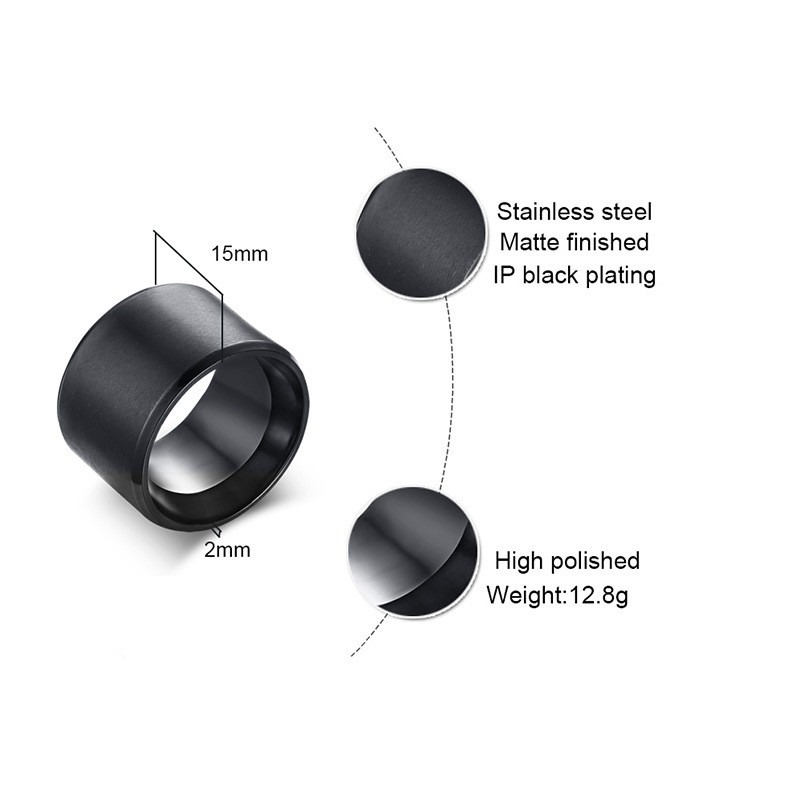 Stainless steel unisex black bulky ring with matte finish, 15mm shell height, polished interior, and 12.8g weight.